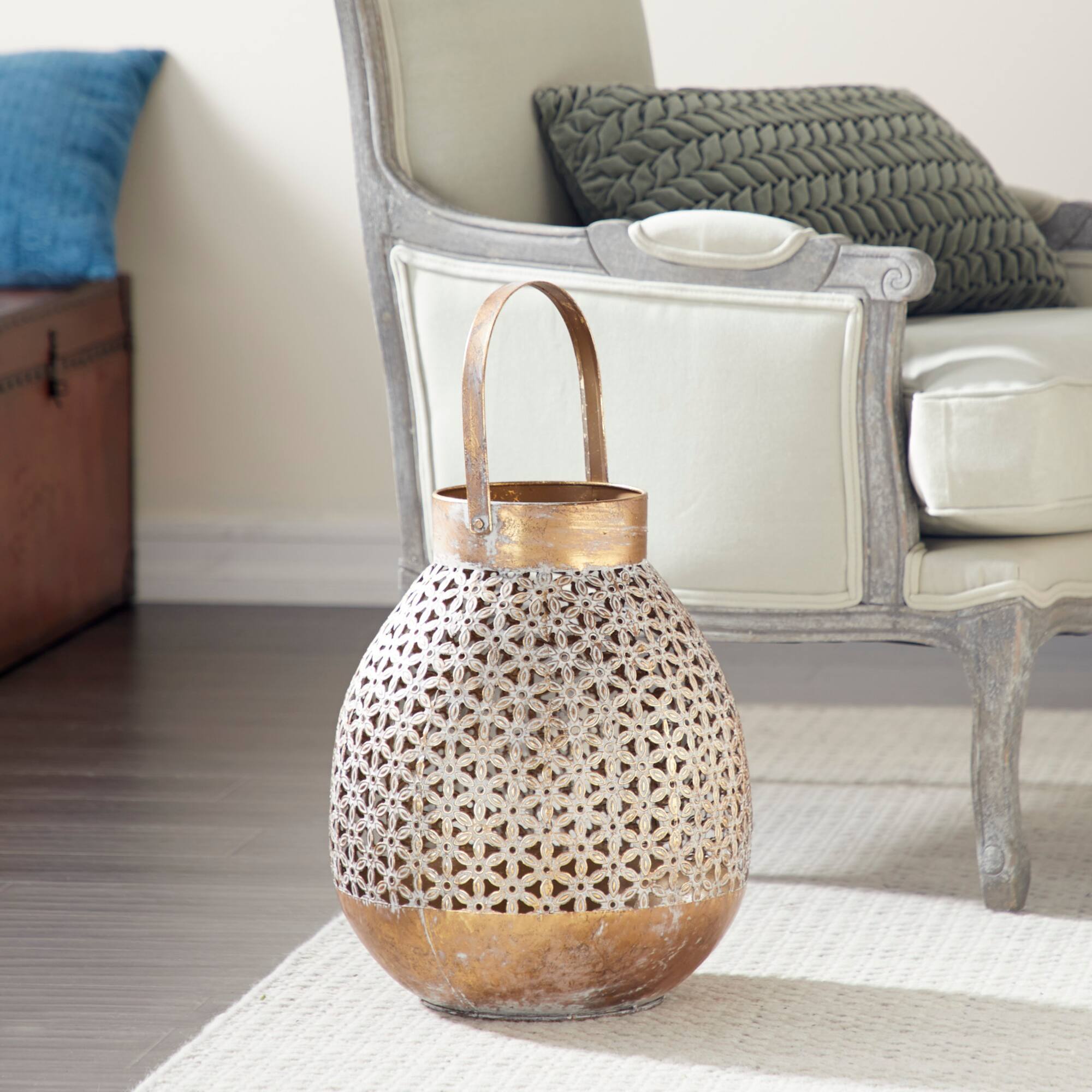 Gold Iron Eclectic Candle Holder Lantern, 16" x 13" x 14"